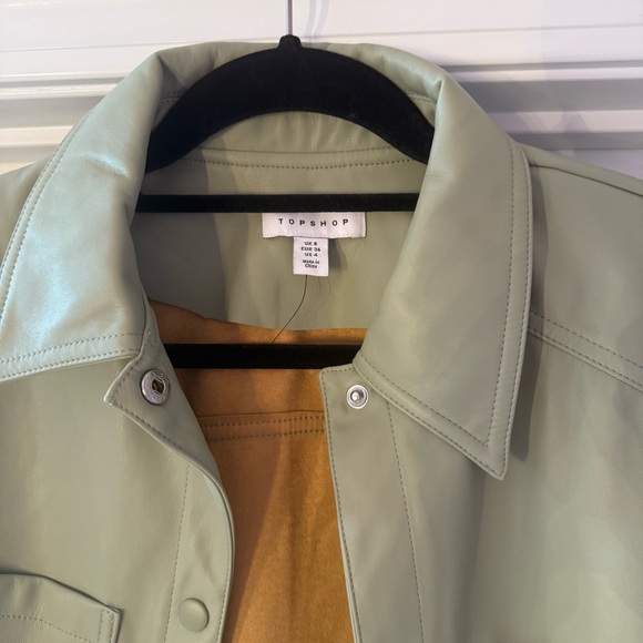 Topshop Sage Green Leather Jacket Short Sleeve Button Up Collar - Picture 5 of 8